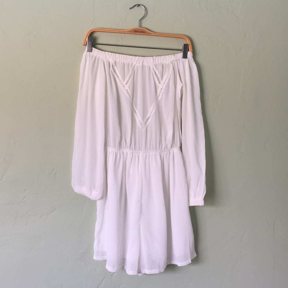 Flowy White Long Sleeve Romper Crochet Cinched